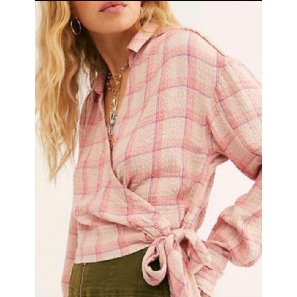 We The Free Pink Free People Plaid Wrap‎ Shirt L